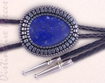 Lapis Lazuli w/Hematine Bolo Tie - Men or Women's Bolo, Western Style, Bead Bolo, Bead Embroidered Bolo, Blue and Silver Bolo Tie, BM3040106