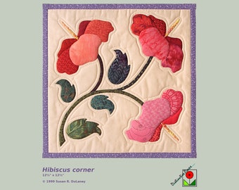 Hibiscus Flower Applique Quilt - 12.5" Square Vintage Textile Art Wall Hanging, 90-41CS