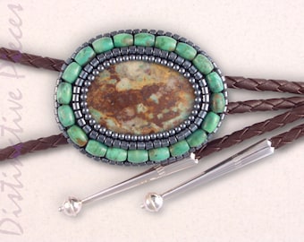 Turquoise with Turquoise + Hematine Bolo Tie - Men or Women's Turquoise Bolo Tie, Western Jewelry, Beaded Bolo, Pawn Style Bolo, TBM3042105