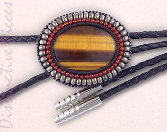 Tiger's Eye, Red Agate + Pyrite Bolo Tie, Western Braided Leather Cord Jewelry