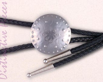 Tooled Steel Bolo Tie - 6ply Black Cord, Punched Metal, Southwest Western Wedding Wear, BR0038036-5X