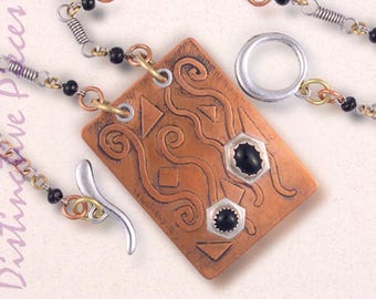 Etched Copper & Sterling Silver Onyx Pendant Necklace – Mixed Metal Jewelry, NE3550006