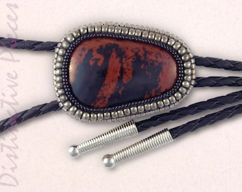 Mahogany Obsidian with Pyrite Bolo Tie - Western Bolo, String Tie, Volcanic Glass Bolo, SW Style Necklace, Beadwork Bolo Tie, BM2638097