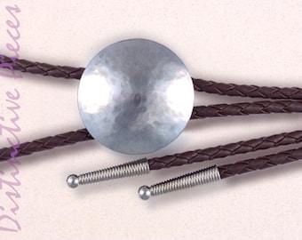 Hammered Steel Bolo Tie - Brown Braided Cord, Western Style, BR0038036-1Br