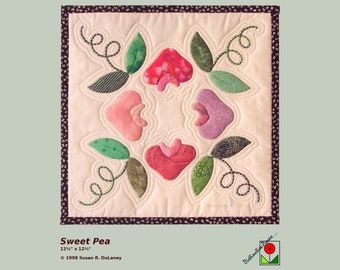Sweet Pea Art Quilt - Appliqued Floral Wall Hanging, Textile Art, 90-10S