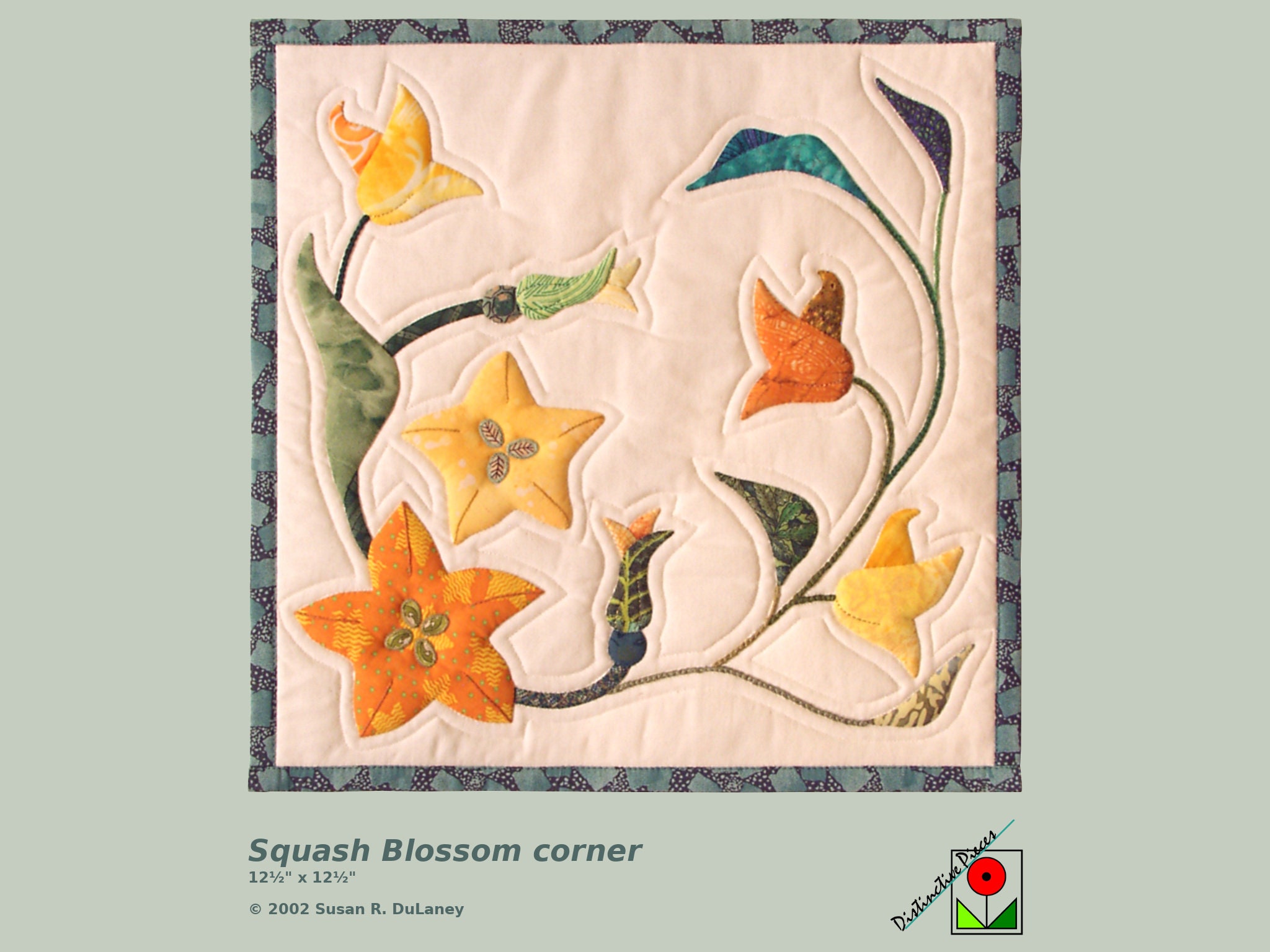 Squash Blossom Corner, Small Quilt Appliqued Quilt, Wall Hanging