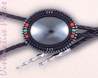 Hematite Bolo Tie - Turquoise Coral Beadwork, Unisex Western Wedding Jewelry, BO3040035