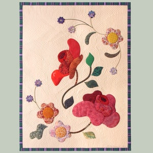 Roses Art Quilt - Textile Art, Quilted Wall Hanging, Quilt Art, Fiber Art, Interior Art Decor, Vintage Collectible Textile Art, 97-01S