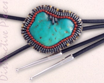 Turquoise Nugget Bolo Tie, Red Agate, Hematite, Sterling Silver Tips, BM3240103