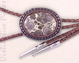 Asteriod Jasper Bolo Tie - Hematine & Pyrite Beadwork, Western Style Wedding Jewelry, BO3040100