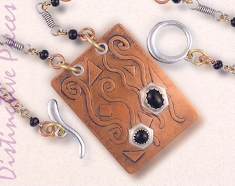 Copper with Black Onyx + Sterling Silver Pendant Necklace - Acid Etched Necklace, Mixed Metals Jewelry, Onyx Pendant, NE3550006