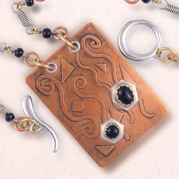 Copper with Black Onyx + Sterling Silver Pendant Necklace - Acid Etched Necklace, Mixed Metals Jewelry, Onyx Pendant, NE3550006