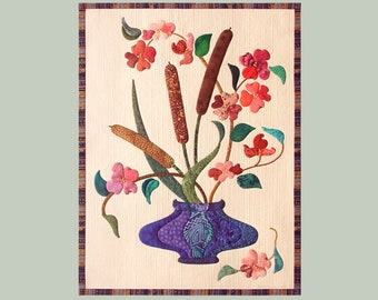 Medium Art Quilt, Dogwood Vase - Textile Wall Art, Quilted Wall Hanging, Fiber Wall Art, Floral Appliqued Quilt, Flower Wall Quilt, 99-17S