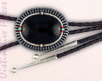 Black Onyx with Hematine and Turquoise Bolo Tie - Onyx & Sterling Silver Bolo, Men or Women's Bolo, Hand Beaded Western Bolo Tie, BO3040018