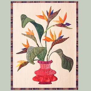Bird of Paradise Vase, Art Quilt - Textile Art, Quilted Wall Hanging, Collectible Fiber Art, Appliqued Quilt, Small Quilt for Wall, 99-19S