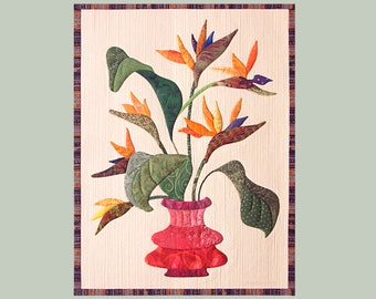 Bird of Paradise Vase, Art Quilt - Textile Art, Quilted Wall Hanging, Collectible Fiber Art, Appliqued Quilt, Small Quilt for Wall, 99-19S