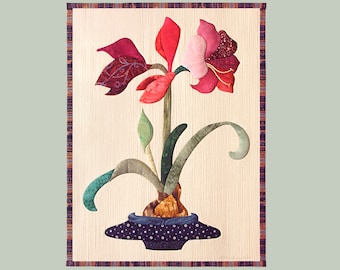 Amaryllis Vase Art Quilt - Floral Fiber Art Wall Hanging, Hand Appliqued Christmas Flower, 99-20S