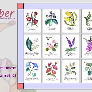 Applique Quilt Pattern Collection, Mini Month Flowers - Baby Birth Month, Month Flowers to Hand Applique, Red Work Embroidery Pattern, 91-02