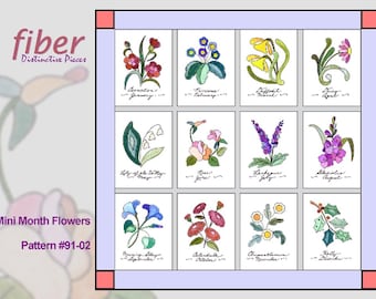 Applique Quilt Pattern Collection, Mini Month Flowers - Red Work Embroidery Pattern, 91-02