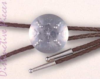 Punched Steel Bolo Tie, X + V's with Brown Cord - Santa Fe Bolo, Punched Tin Bolo, NM Tinwork Bolo Tie, Men's Western Bolo, BR0038036-7Br