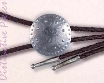 Tooled Steel Bolo Tie - Brown Braided Cord, Unisex Western Wear, BR0038036-5Br