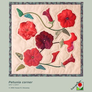 Petunia Corner, Small Quilt - Appliqued Quilt, Wall Hanging, Banner, Quilted Table Topper, Art Quilt, Quilt by Susan R. DuLaney, 90-01C#2S