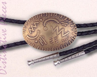 Etched Brass Bolo Tie, Lightning Design - Black Cord, Western Style, BE3850052