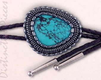 Southwestern Turquoise Bolo Tie - Hematite Beaded Edge, BM23442111