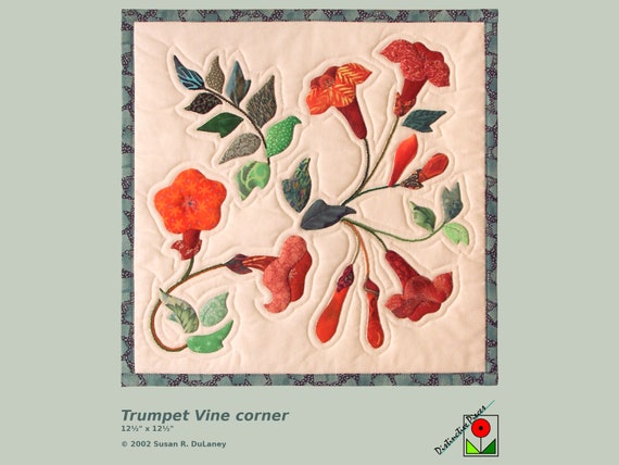 Trumpet Vine Hand Appliqued Art Quilt - Garden Wall Hanging, 12.5" Square, 90-51CS