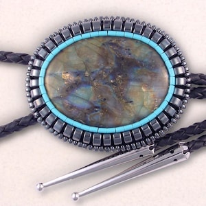 Labradorite and Hematine Bolo Tie - Western Cowboy Style, Made in New Mexico, for Man or Woman, Beadwork Jewelry, Bead Embroidery, BO3650112