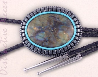 Labradorite & Hematine Large Slide Bolo Tie - 2 x 3", Leather Cord, Western Neckwear, BO3650112