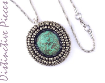 Turquoise with Pyrite Beaded Pendant Necklace - Pendant with Chain, Turquoise Pendant, Bead Embroidery, OOAK Hand Beaded Jewelry, NM2226009