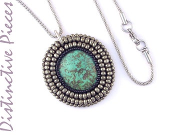 Handmade Turquoise & Pyrite Beaded Pendant Necklace - Stainless Steel Chain, NM2226009