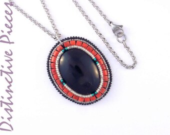 Black Onyx Pendant Necklace – Coral Beadwork, Stainless Steel Chain, Layering Necklace, NM2230011