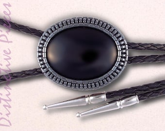 Black Onyx Bolo Tie - Hematite Beaded Edge, Black Braided Cord, Western Wedding Jewelry, BO3040067