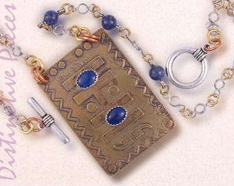Etched Brass Lapis Lazuli Pendant Necklace - Mixed Metals Renaissance Jewelry, Handmade Chain, NE3550005