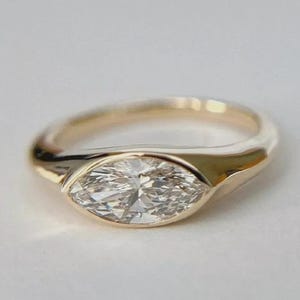 1.5 CT Marquise Cut Moissanite Engagement Ring, 14K Solid Yellow Gold East West Ring, Solitaire Bezel Ring, Statement Ring, Proposal Ring