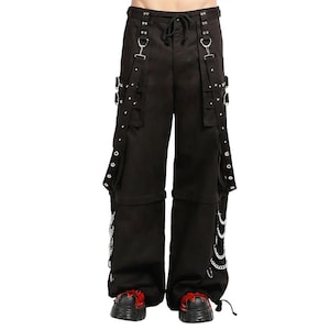 Goth Punk Black Cargo Pants: Wide Leg Cotton Trousers with Chains