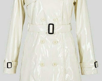 Transparent PVC Vinyl Trench Coat – Glossy Clear Raincoat, Belted Long Jacket