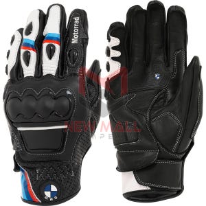 May include: Black and white motorcycle gloves with the word "Motorrad" printed on the side. The gloves have a knuckle protector and the BMW logo. The gloves have white stitching and accents of blue and red.