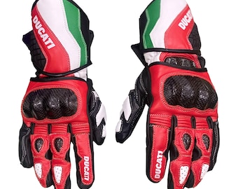 New Mall Motorbike Racing Leather Gloves Ducati Style – Carbon Knuckle Protection, Red Black Green