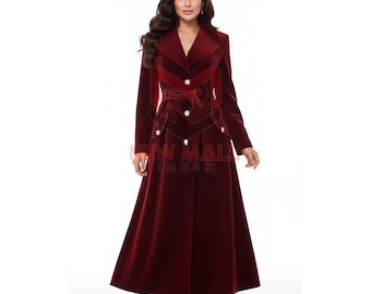 Elegant Red Velvet Maxi Trench Coat for Women – Belted Long Winter Coat with Buttons