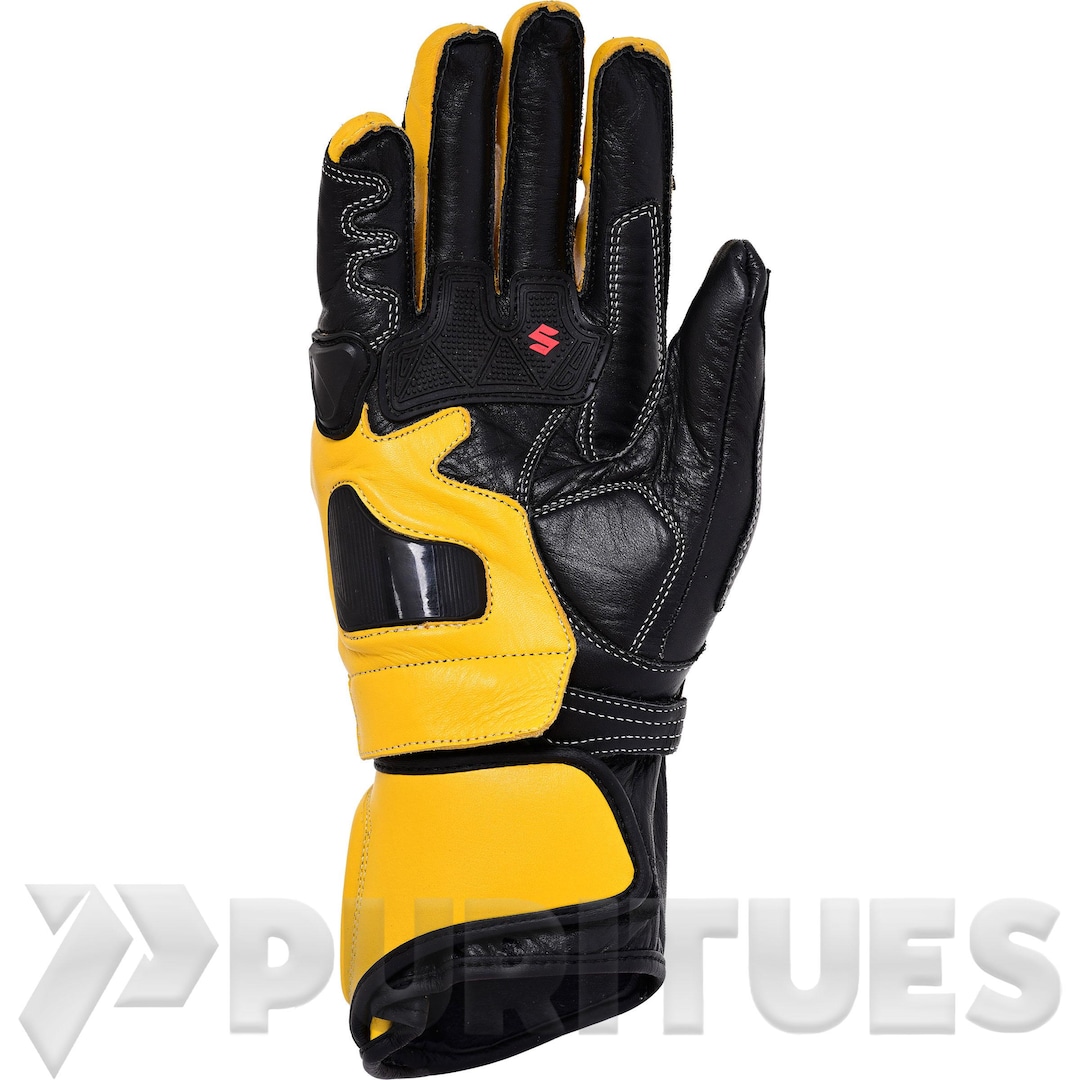 Suzuki Black Yellow Motorcycle Racing Leather Gloves | Full Gauntlet ...