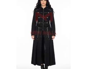 Women’s Gothic Long Coat with Hood – Steampunk Military Black Trench Jacket