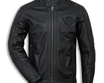 May include: Black leather motorcycle jacket with a stand-up collar, zip-up front, and multiple zippered pockets. The jacket features quilted shoulder detailing and a logo patch on the chest. A classic, stylish outerwear piece.