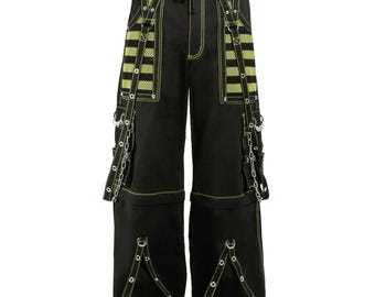 Pantalones góticos cibernéticos para rave: negros y amarillo neón, shorts técnicos con cadena desmontable