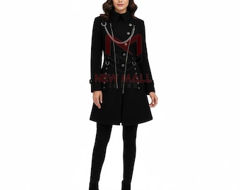 New Mall Women’s Black Gothic Coat – Steampunk Victorian Military Long Jacket with Chains