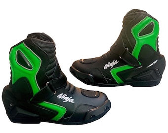 Ninja Green & Black Leather Motorcycle Racing Boots - Men's Protective Biker Shoes