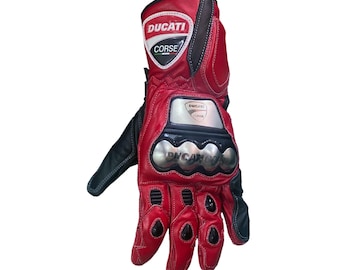 Motorcycle Racing Leather Gloves Ducati Corse Style – Armored Red Black Biker Gloves