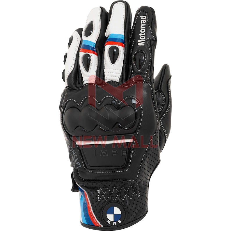 May include: Black and white motorcycle glove with red, white, and blue accents. Features the word "Motorrad" and the BMW logo. Includes a padded knuckle protector and perforated leather for breathability.